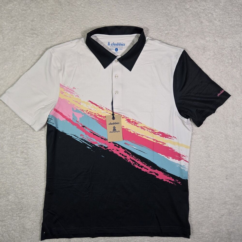 Chubbies The Tennis Champ Performance Polo Shirt Mens Large White Black Stretch